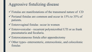 Aggressive fistulizing disease
 Fistulas are manifestations of the transmural nature of CD
 Perianal fistulas are common and occur in 15% to 35% of
patients.
 Enterovaginal fistulas occur in women
 Enterovesicular - recurrent polymicrobial UTI or as frank
pneumaturia and fecaluria.
 Enterocutaneous fistula after appendectomy
 Other types- enteroenteric, enterocolonic, and colocolonic
fistulas
 