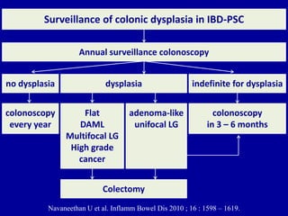 Navaneethan U et al. Inflamm Bowel Dis 2010 ; 16 : 1598 – 1619.
Surveillance of colonic dysplasia in IBD-PSC
Annual surveillance colonoscopy
Flat
DAML
Multifocal LG
High grade
cancer
Colectomy
dysplasia
colonoscopy
in 3 – 6 months
indefinite for dysplasiano dysplasia
colonoscopy
every year
adenoma-like
unifocal LG
 