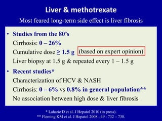 Liver & methotrexate
Most feared long-term side effect is liver fibrosis
• Studies from the 80’s
Cirrhosis: 0 – 26%
Cumulative dose ≥ 1.5 g
Liver biopsy at 1.5 g & repeated every 1 – 1.5 g
• Recent studies*
Characterization of HCV & NASH
Cirrhosis: 0 – 6% vs 0.8% in general population**
No association between high dose & liver fibrosis
* Laharie D et al. J Hepatol 2010 (in press).
** Fleming KM et al. J Hepatol 2008 ; 49 : 732 – 738.
(based on expert opinion)
 