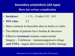 Secondary amyloidosis (AA type)
Rare but serious complication
• Incidence: < 1 % – Crohn’s/UC: 10/1
• M/F ratio: 3/1
• More common in ileocolitis than in ileitis or colitis
• Two-thirds of patients have fistulas & abscesses
• Effective treatment remains controversial:
Surgery – Colchicine – immunosuppressive drugs
anti-TNFα : targets deterioration of further damage
Oikonomou K et al. Inflamm Bowel Dis 2010 in press.
 