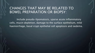 CHANGES THAT MAY BE RELATED TO
BOWEL PREPARATION OR BIOPSY:
Include pseudo-lipomatosis, sparse acute inflammatory
cells, mucin depletion, damage to the surface epithelium, mild
haemorrhage, basal crypt epithelial cell apoptosis and oedema.
 