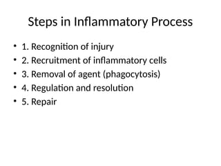 Steps in Inflammatory Process
• 1. Recognition of injury
• 2. Recruitment of inflammatory cells
• 3. Removal of agent (phagocytosis)
• 4. Regulation and resolution
• 5. Repair
 