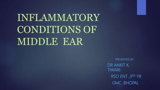 INFLAMMATORY
CONDITIONS OF
MIDDLE EAR
PRESENTED BY
DR ANKIT K.
TIWARI
RSO ENT ,3RD YR
GMC ,BHOPAL
 