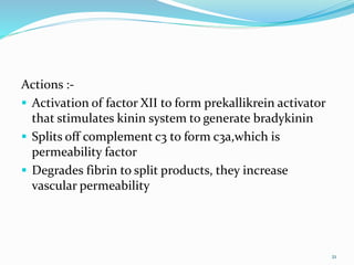 Actions :-
 Activation of factor XII to form prekallikrein activator
that stimulates kinin system to generate bradykinin
 Splits off complement c3 to form c3a,which is
permeability factor
 Degrades fibrin to split products, they increase
vascular permeability
21
 