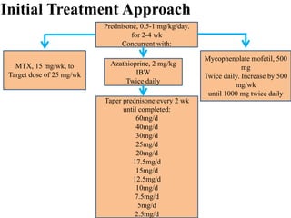 Prednisone, 0.5-1 mg/kg/day.
for 2-4 wk
Concurrent with:
MTX, 15 mg/wk, to
Target dose of 25 mg/wk
Mycophenolate mofetil, 500
mg
Twice daily. Increase by 500
mg/wk
until 1000 mg twice daily
Azathioprine, 2 mg/kg
IBW
Twice daily
Taper prednisone every 2 wk
until completed:
60mg/d
40mg/d
30mg/d
25mg/d
20mg/d
17.5mg/d
15mg/d
12.5mg/d
10mg/d
7.5mg/d
5mg/d
2.5mg/d
Initial Treatment Approach
 