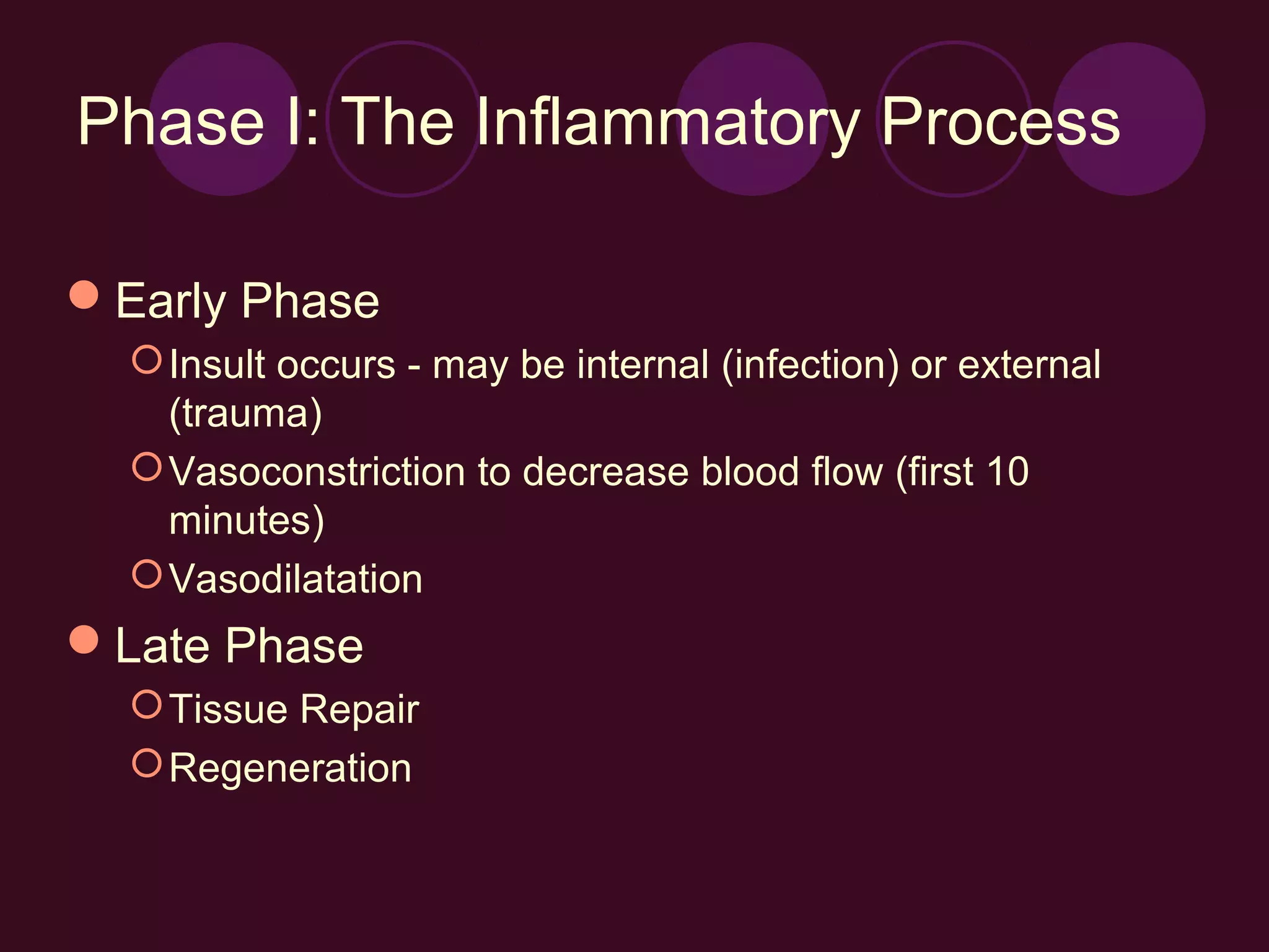 Phase I: The Inflammatory Process

Early Phase
   Insult occurs - may be internal (infection) or external
    (trauma)
   Vasoconstriction to decrease blood flow (first 10
    minutes)
   Vasodilatation
Late Phase
   Tissue Repair
   Regeneration
 