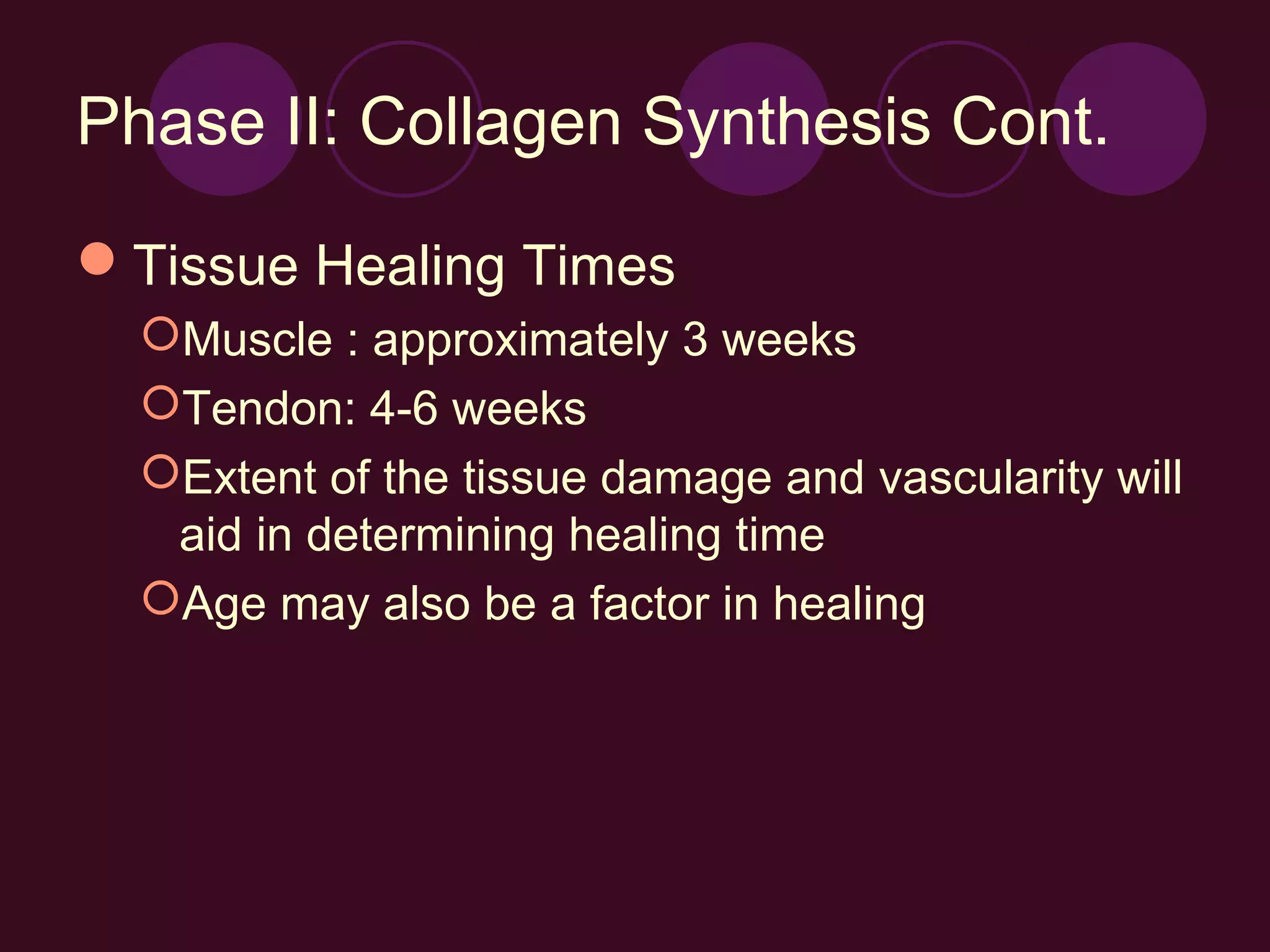 Phase II: Collagen Synthesis Cont.

Tissue Healing Times
  Muscle : approximately 3 weeks
  Tendon: 4-6 weeks
  Extent of the tissue damage and vascularity will
   aid in determining healing time
  Age may also be a factor in healing
 