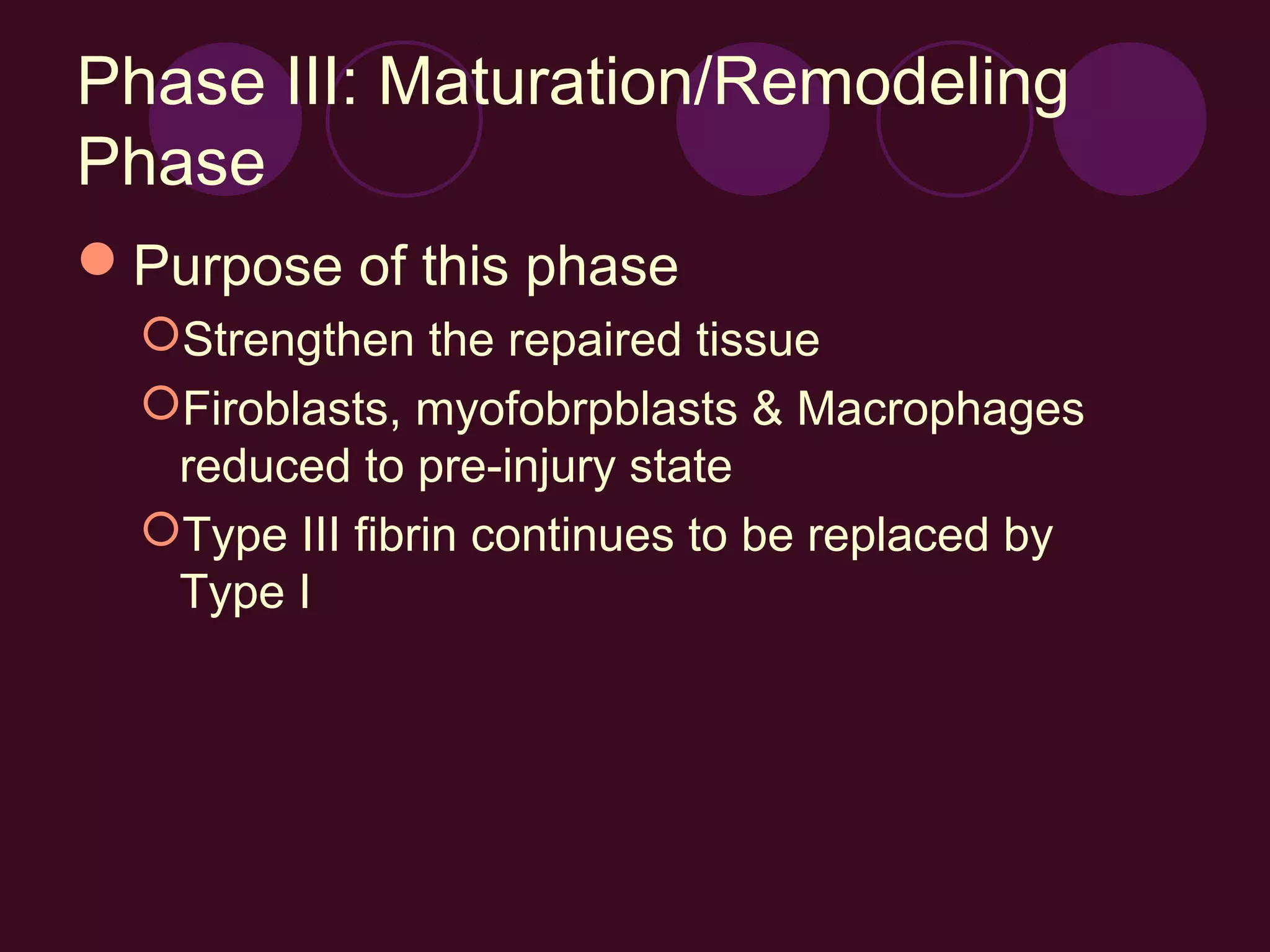 Phase III: Maturation/Remodeling
Phase
Purpose of this phase
  Strengthen the repaired tissue
  Firoblasts, myofobrpblasts & Macrophages
   reduced to pre-injury state
  Type III fibrin continues to be replaced by
   Type I
 