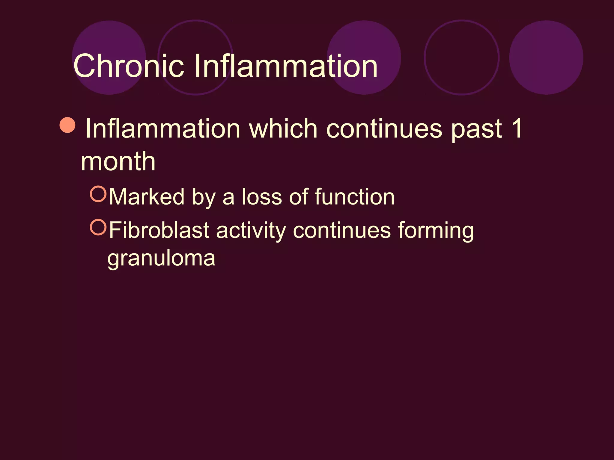 Chronic Inflammation
Inflammation which continues past 1
 month
  Marked by a loss of function
  Fibroblast activity continues forming
   granuloma
 