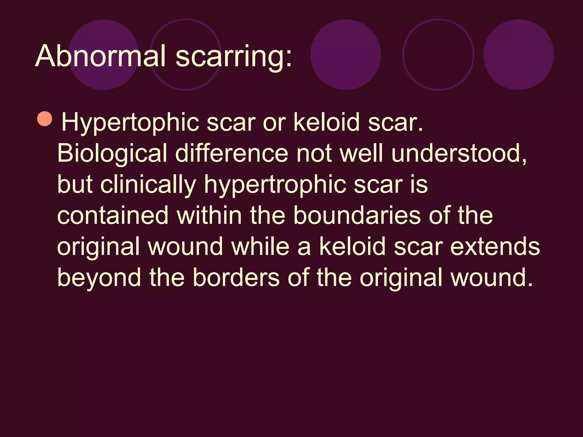 Abnormal scarring:

Hypertophic scar or keloid scar.
 Biological difference not well understood,
 but clinically hypertrophic scar is
 contained within the boundaries of the
 original wound while a keloid scar extends
 beyond the borders of the original wound.
 