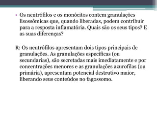 • Os neutrófilos e os monócitos contem granulações
lisossômicas que, quando liberadas, podem contribuir
para a resposta inflamatória. Quais são os seus tipos? E
as suas diferenças?
R: Os neutrófilos apresentam dois tipos principais de
granulações. As granulações especificas (ou
secundarias), são secretadas mais imediatamente e por
concentrações menores e as granulações azurofilas (ou
primária), apresentam potencial destrutivo maior,
liberando seus conteúdos no fagossomo.
 