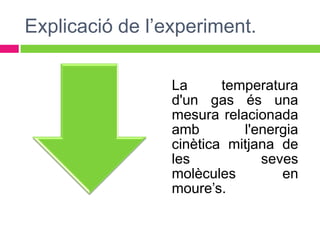 Explicació de l’experiment.

                 La      temperatura
                 d'un gas és una
                 mesura relacionada
                 amb        l'energia
                 cinètica mitjana de
                 les           seves
                 molècules        en
                 moure’s.
 