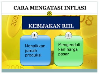 CARA MENGATASI INFLASI


    KEBIJAKAN RIIL
      1            2


   Menaikkan   Mengendali
   jumah       kan harga
   produksi    pasar
 