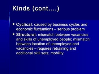 Kinds (cont….)

   Cyclical : caused by business cycles and
    economic fluctuations – serious problem
   Structural : mismatch between vacancies
    and skills of unemployed people; mismatch
    between location of unemployed and
    vacancies – requires retraining and
    additional skill sets; mobility
 