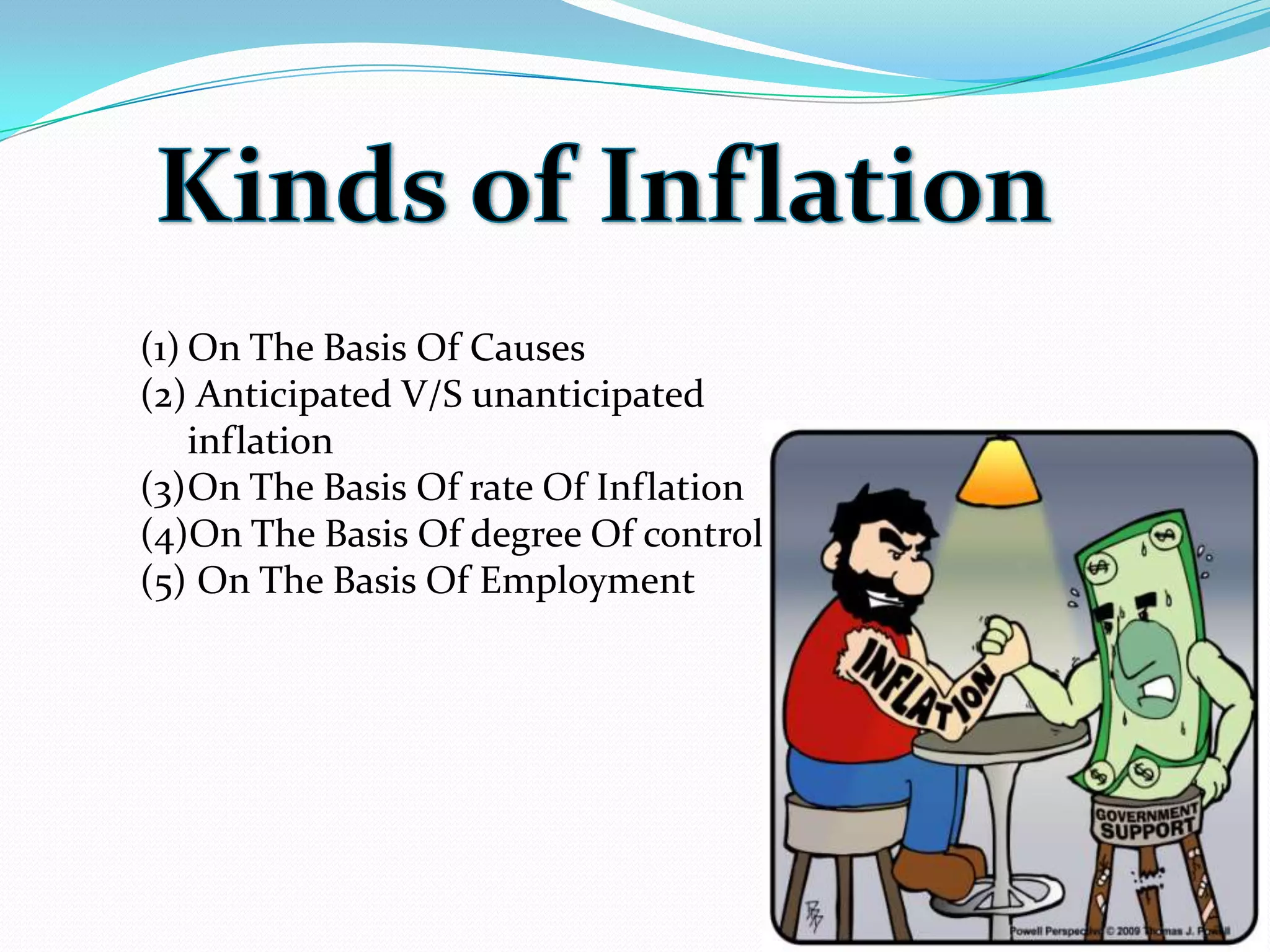 (1) On The Basis Of Causes
(2) Anticipated V/S unanticipated
inflation
(3)On The Basis Of rate Of Inflation
(4)On The Basis Of degree Of control
(5) On The Basis Of Employment
 
