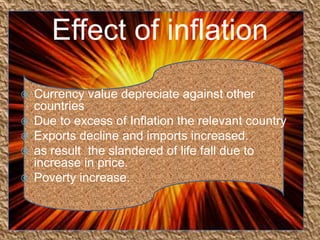 Effect of inflation






Currency value depreciate against other
countries
Due to excess of Inflation the relevant country
Exports decline and imports increased.
as result the slandered of life fall due to
increase in price.
Poverty increase.

 
