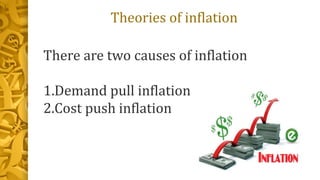 Theories of inflation
There are two causes of inflation
1.Demand pull inflation
2.Cost push inflation
 