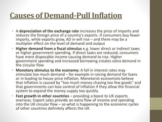 Causes of Demand-Pull Inflation
• A depreciation of the exchange rate increases the price of imports and
reduces the foreign price of a country's exports. If consumers buy fewer
imports, while exports grow, AD in will rise – and there may be a
multiplier effect on the level of demand and output
• Higher demand from a fiscal stimulus e.g. lower direct or indirect taxes
or higher government spending. If direct taxes are reduced, consumers
have more disposable income causing demand to rise. Higher
government spending and increased borrowing creates extra demand in
the circular flow
• Monetary stimulus to the economy: A fall in interest rates may
stimulate too much demand – for example in raising demand for loans
or in leading to house price inflation. Monetarist economists believe
that inflation is caused by “too much money chasing too few goods" and
that governments can lose control of inflation if they allow the financial
system to expand the money supply too quickly.
• Fast growth in other countries – providing a boost to UK exports
overseas. Export sales provide an extra flow of income and spending
into the UK circular flow – so what is happening to the economic cycles
of other countries definitely affects the UK
 