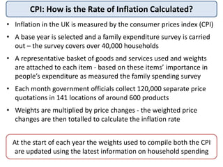CPI: How is the Rate of Inflation Calculated?
• Inflation in the UK is measured by the consumer prices index (CPI)
• A base year is selected and a family expenditure survey is carried
out – the survey covers over 40,000 households
• A representative basket of goods and services used and weights
are attached to each item - based on these items’ importance in
people’s expenditure as measured the family spending survey
• Each month government officials collect 120,000 separate price
quotations in 141 locations of around 600 products
• Weights are multiplied by price changes - the weighted price
changes are then totalled to calculate the inflation rate
At the start of each year the weights used to compile both the CPI
are updated using the latest information on household spending
 