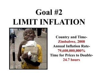 Goal #2
LIMIT INFLATION
Country and Time-
Zimbabwe, 2008
Annual Inflation Rate-
79,600,000,000%
Time for Prices to Double-
24.7 hours
 