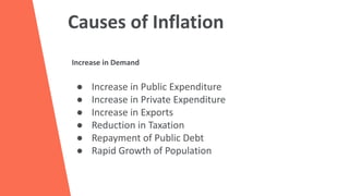 Causes of Inflation
● Increase in Public Expenditure
● Increase in Private Expenditure
● Increase in Exports
● Reduction in Taxation
● Repayment of Public Debt
● Rapid Growth of Population
Increase in Demand
 