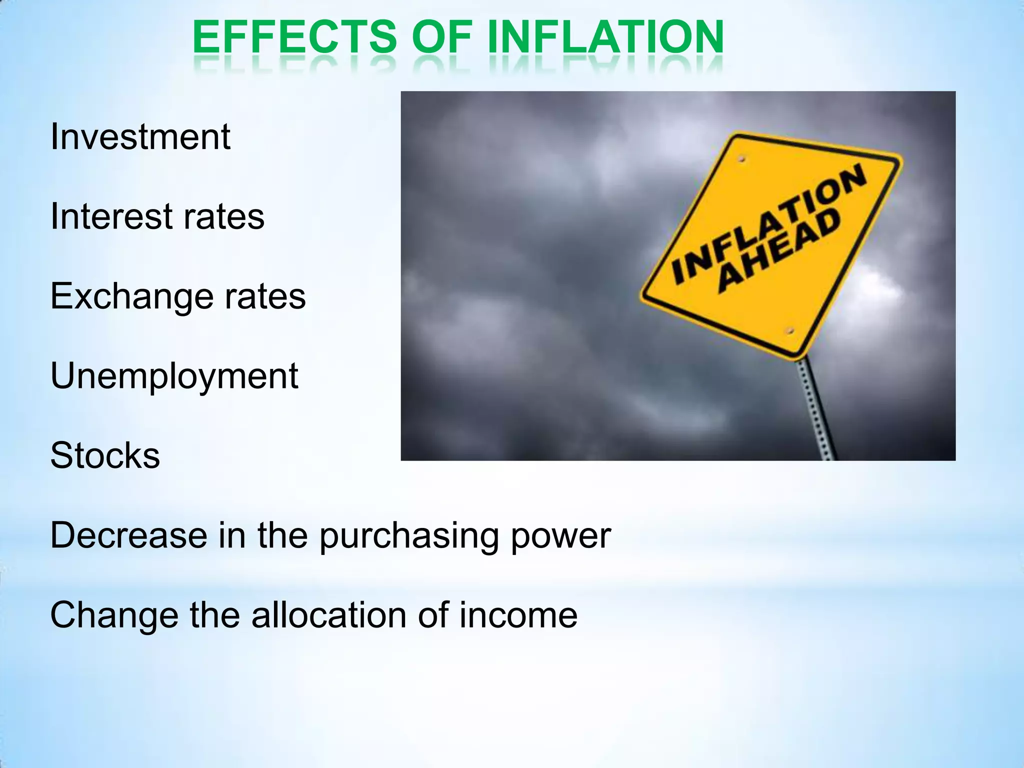 EFFECTS OF INFLATION
Investment
Interest rates
Exchange rates
Unemployment
Stocks
Decrease in the purchasing power
Change the allocation of income
 