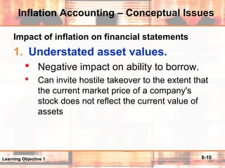 8-10
Inflation Accounting – Conceptual Issues
Impact of inflation on financial statements
1. Understated asset values.
 Negative impact on ability to borrow.
 Can invite hostile takeover to the extent that
the current market price of a company's
stock does not reflect the current value of
assets
Learning Objective 1
 