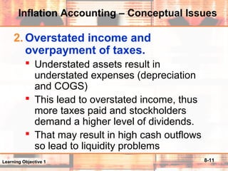 8-11
Inflation Accounting – Conceptual Issues
2. Overstated income and
overpayment of taxes.
 Understated assets result in
understated expenses (depreciation
and COGS)
 This lead to overstated income, thus
more taxes paid and stockholders
demand a higher level of dividends.
 That may result in high cash outflows
so lead to liquidity problems
Learning Objective 1
 