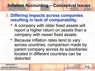 8-12
Inflation Accounting – Conceptual Issues
3. Differing impacts across companies
resulting in lack of comparability.
 A company with older fixed assets will
report a higher return on assets than a
company with newer fixed assets.
 Because inflation rates tend to vary
across countries, comparison made by
parent company across its subsidiaries
located in different countries can be
distorted
Learning Objective 1
 