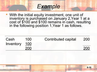 8-19
Example
 With the initial equity investment, one unit of
inventory is purchased on January 2,Year 1 at a
cost of $100 and $100 remains in cash, resulting
in the following position 1,Year 1 as follows.
Cash 100 Contributed capital 200
Inventory 100
200 200
 