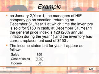 8-20
Example
 on January 2,Year 1, the managers of HIE
company go on vocation, returning on
December 31, Year 1 at which time the inventory
is sold for $150 in cash, at December 31, Year 1
the general price index is 120 (20% annual
inflation during the year 1) and the inventory has
current replacement cost of $150 .
 The income statement for year 1 appear as
follows:
Sales 150
Cost of sales (100)
Income 50
 