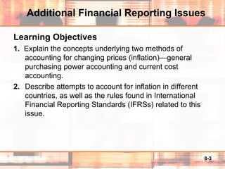 8-3
Additional Financial Reporting Issues
Learning Objectives
1. Explain the concepts underlying two methods of
accounting for changing prices (inflation)—general
purchasing power accounting and current cost
accounting.
2. Describe attempts to account for inflation in different
countries, as well as the rules found in International
Financial Reporting Standards (IFRSs) related to this
issue.
 