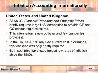 8-32
Inflation Accounting Internationally
United States and United Kingdom
 SFAS 33, Financial Reporting and Changing Prices
briefly required large U.S. companies to provide GP and
CC accounting disclosures.
 This information is now optional and few companies
provide it.
 In the UK, SSAP 16 required current cost information,
this was also was only briefly required.
 Both countries have experienced low rates of inflation
since the 1980s.
Learning Objective 2
 