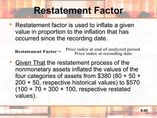 8-49
Restatement Factor
 Restatement factor is used to inflate a given
value in proportion to the inflation that has
occurred since the recording date.
 Given That the restatement process of the
nonmonetary assets inflated the values of the
four categories of assets from $380 (80 + 50 +
200 + 50, respective historical values) to $570
(100 + 70 + 300 + 100, respective restated
values).
Restatement Factor =
Price index at end of analyzed period
Price index at recording date
 