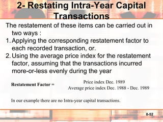 8-52
2- Restating Intra-Year Capital
Transactions
Restatement Factor =
In our example there are no Intra-year capital transactions.
Price index Dec. 1989
Average price index Dec. 1988 - Dec. 1989
The restatement of these items can be carried out in
two ways :
1.Applying the corresponding restatement factor to
each recorded transaction, or.
2.Using the average price index for the restatement
factor, assuming that the transactions incurred
more-or-less evenly during the year
 