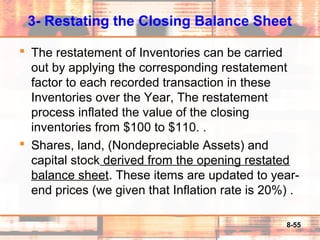 8-55
3- Restating the Closing Balance Sheet
 The restatement of Inventories can be carried
out by applying the corresponding restatement
factor to each recorded transaction in these
Inventories over the Year, The restatement
process inflated the value of the closing
inventories from $100 to $110. .
 Shares, land, (Nondepreciable Assets) and
capital stock derived from the opening restated
balance sheet. These items are updated to year-
end prices (we given that Inflation rate is 20%) .
 