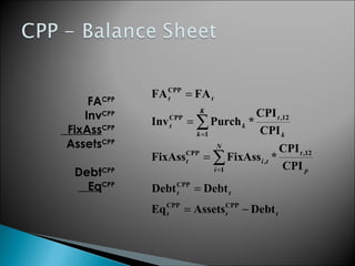 FACPP
InvCPP
FixAssCPP
AssetsCPP
DebtCPP
EqCPP
∑=
=
K
k k
t
kt
1
,12CPP
CPI
CPI
*PurchInv
∑=
=
N
i p
t
tit
1
,12
,
CPP
CPI
CPI
*FixAssFixAss
tt FAFACPP
=
tt DebtDebtCPP
=
ttt DebtAssetsEq CPPCPP
−=
 