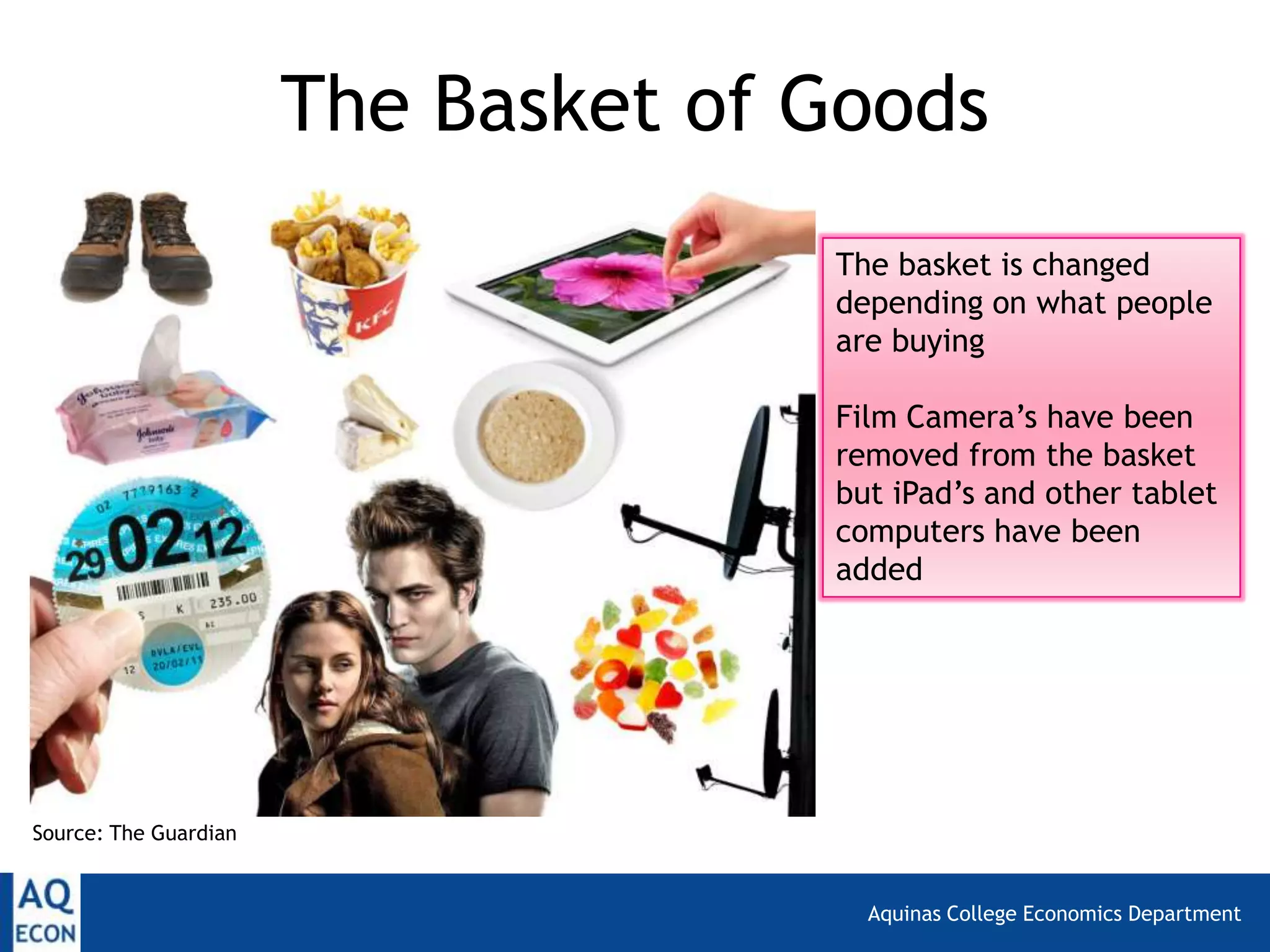 Aquinas College Economics Department
The Basket of Goods
Source: The Guardian
The basket is changed
depending on what people
are buying
Film Camera’s have been
removed from the basket
but iPad’s and other tablet
computers have been
added
 