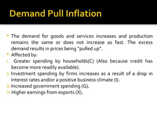  The demand for goods and services increases and production 
remains the same or does not increase as fast. The excess 
demand results in prices being “pulled up”. 
 Affected by: 
I. Greater spending by households(C) (Also because credit has 
become more readily available). 
II. Investment spending by firms increases as a result of a drop in 
interest rates and/or a positive business climate (I). 
III.Increased government spending (G). 
IV.Higher earnings from exports (X). 
 