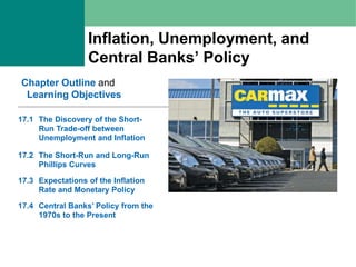 Inflation, Unemployment, and
Central Banks’ Policy
Chapter Outline and
Learning Objectives
17.1 The Discovery of the Short-
Run Trade-off between
Unemployment and Inflation
17.2 The Short-Run and Long-Run
Phillips Curves
17.3 Expectations of the Inflation
Rate and Monetary Policy
17.4 Central Banks’ Policy from the
1970s to the Present
 
