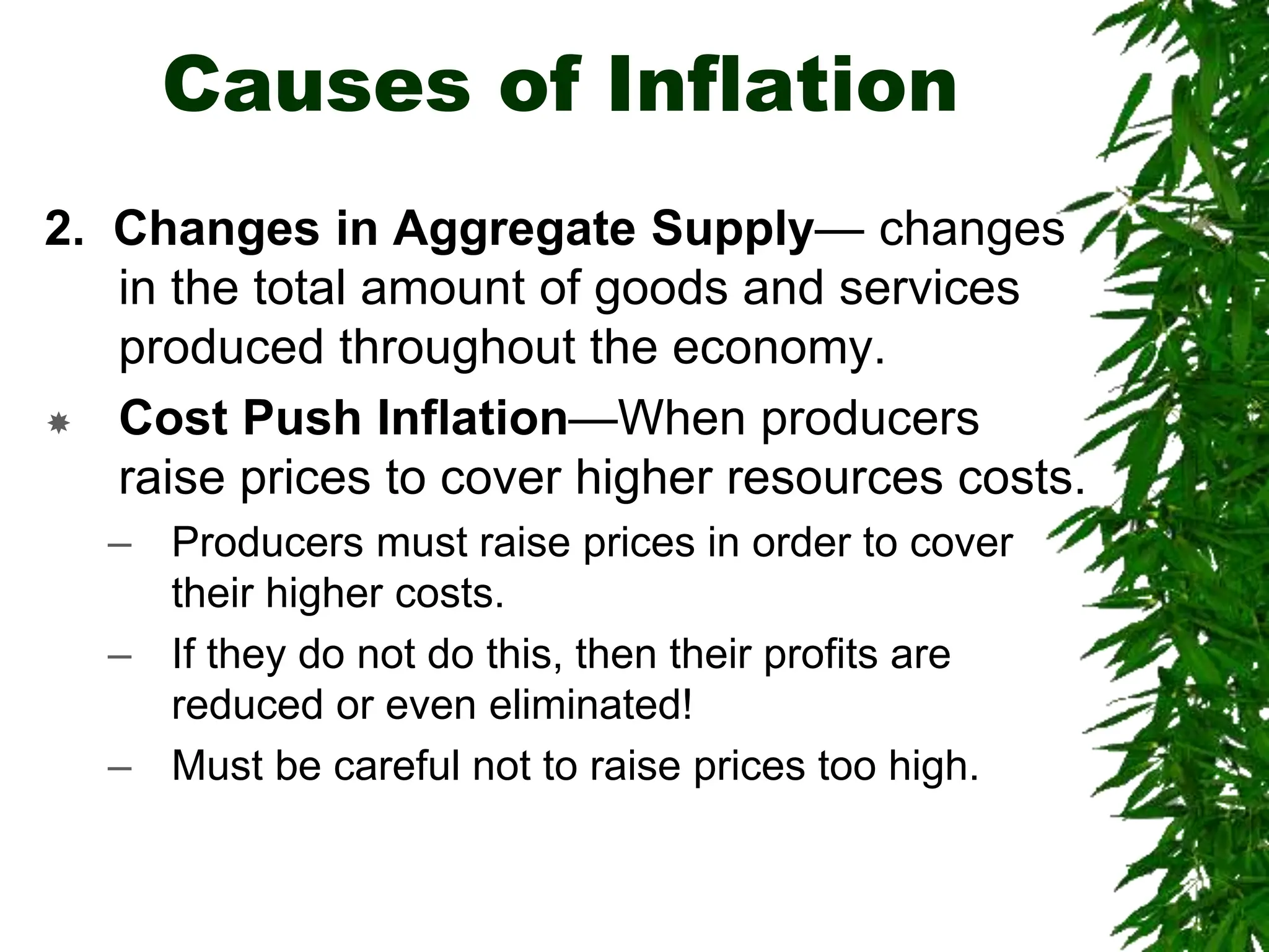 Causes of Inflation
2. Changes in Aggregate Supply— changes
in the total amount of goods and services
produced throughout the economy.
 Cost Push Inflation—When producers
raise prices to cover higher resources costs.
– Producers must raise prices in order to cover
their higher costs.
– If they do not do this, then their profits are
reduced or even eliminated!
– Must be careful not to raise prices too high.
 