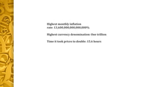 Highest monthly inflation
rate: 13,600,000,000,000,000%
Highest currency denomination: One trillion
Time it took prices to double: 15.6 hours
 