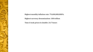 Highest monthly inflation rate: 79,600,000,000%
Highest currency denomination: 100 trillion
Time it took prices to double: 24.7 hours
 