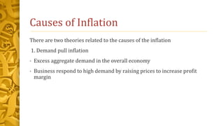 Causes of Inflation
There are two theories related to the causes of the inflation
1. Demand pull inflation
• Excess aggregate demand in the overall economy
• Business respond to high demand by raising prices to increase profit
margin
 