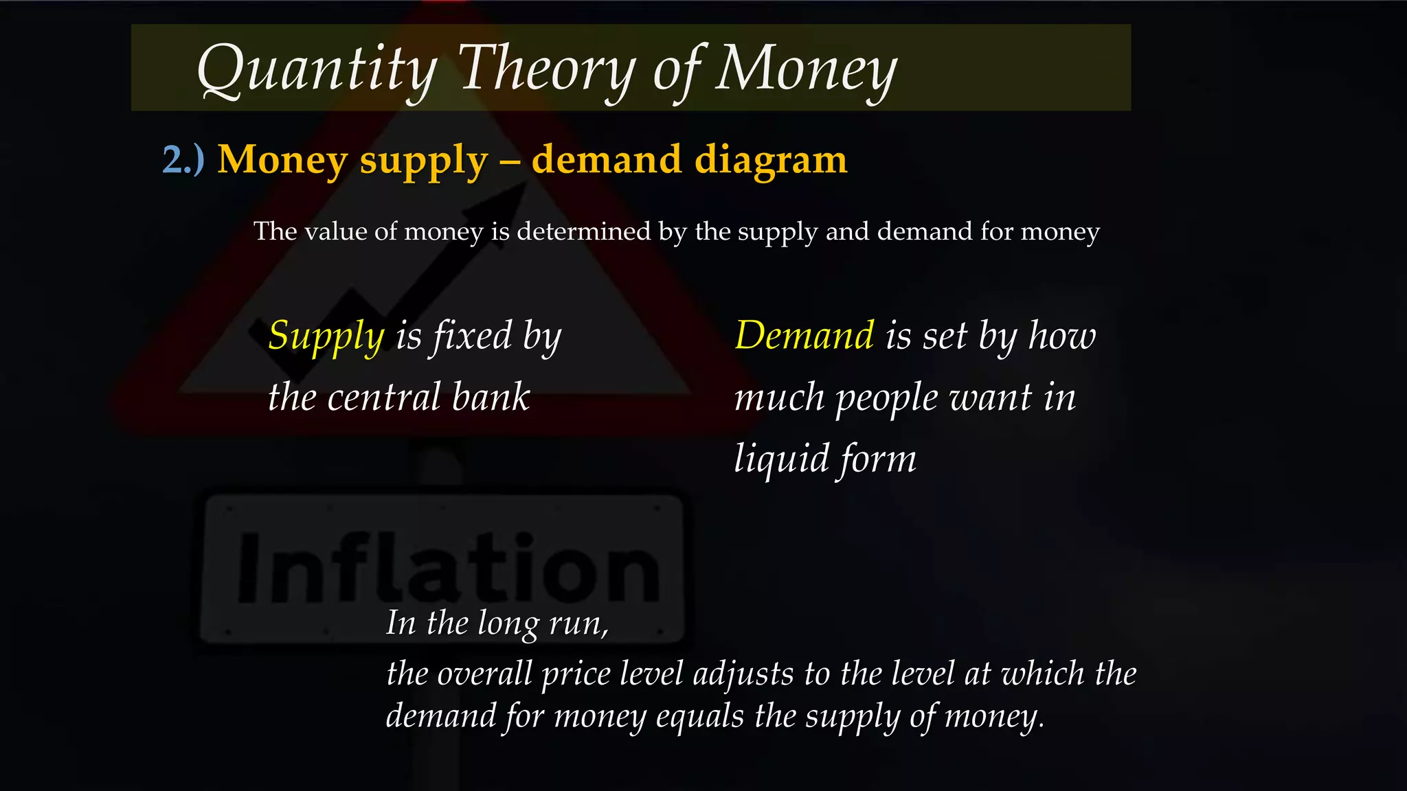 2.) Money supply – demand diagram
Quantity Theory of Money
Supply is fixed by
the central bank
The value of money is determined by the supply and demand for money
Demand is set by how
much people want in
liquid form
In the long run,
the overall price level adjusts to the level at which the
demand for money equals the supply of money.
 