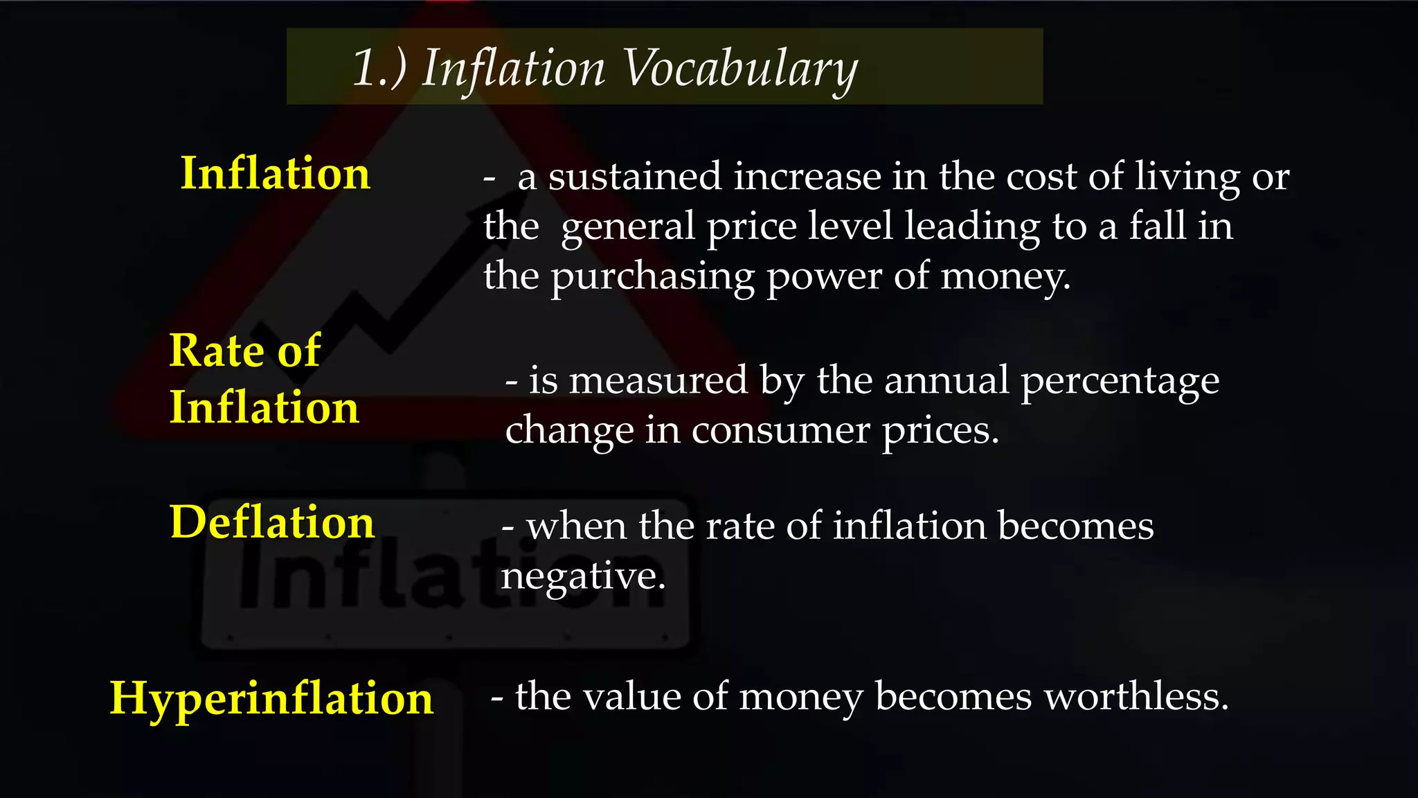 - a sustained increase in the cost of living or
the general price level leading to a fall in
the purchasing power of money.
Inflation
- is measured by the annual percentage
change in consumer prices.
Rate of
Inflation
1.) Inflation Vocabulary
- when the rate of inflation becomes
negative.
Deflation
- the value of money becomes worthless.Hyperinflation
 