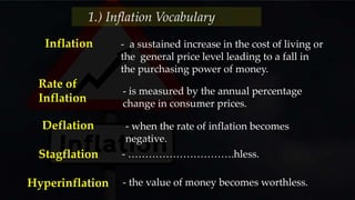 - a sustained increase in the cost of living or
the general price level leading to a fall in
the purchasing power of money.
Inflation
- is measured by the annual percentage
change in consumer prices.
Rate of
Inflation
1.) Inflation Vocabulary
- when the rate of inflation becomes
negative.
Deflation
- the value of money becomes worthless.Hyperinflation
- ………………………….hless.Stagflation
 