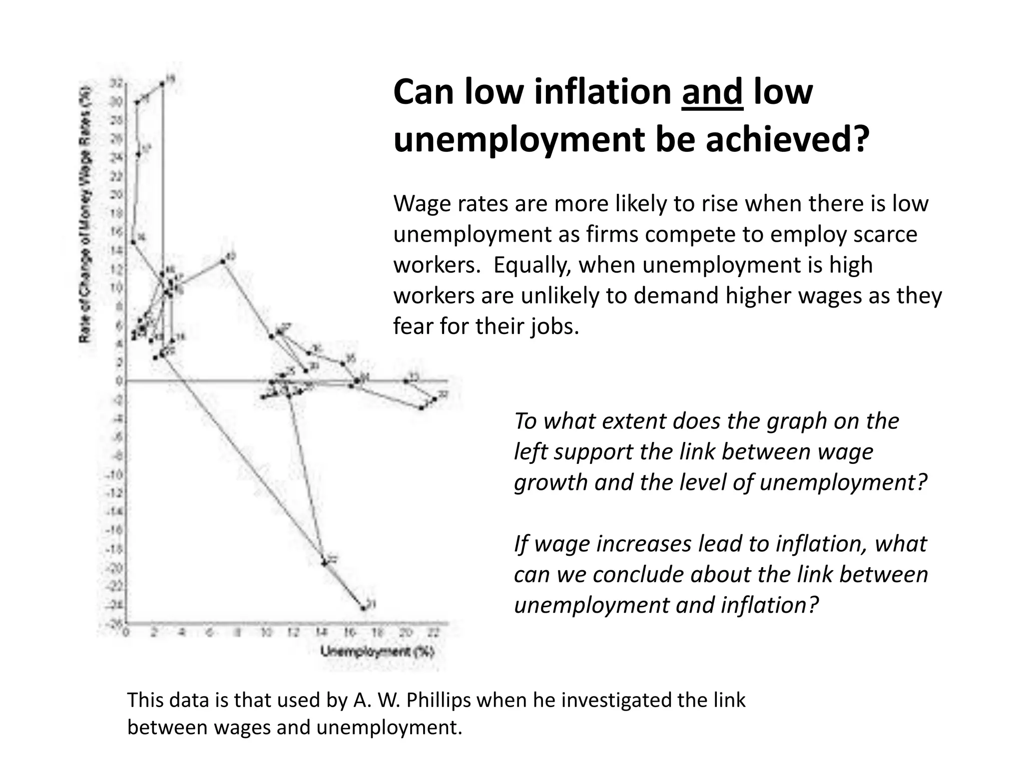 Can low inflation and low
                              unemployment be achieved?
                              Wage rates are more likely to rise when there is low
                              unemployment as firms compete to employ scarce
                              workers. Equally, when unemployment is high
                              workers are unlikely to demand higher wages as they
                              fear for their jobs.


                                           To what extent does the graph on the
                                           left support the link between wage
                                           growth and the level of unemployment?

                                           If wage increases lead to inflation, what
                                           can we conclude about the link between
                                           unemployment and inflation?


This data is that used by A. W. Phillips when he investigated the link
between wages and unemployment.
 