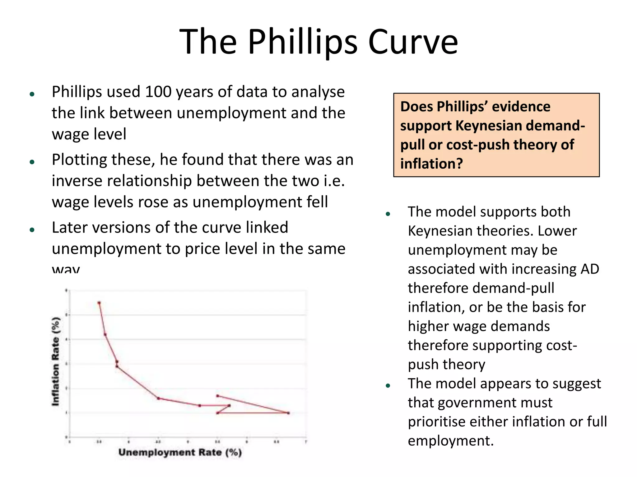 The Phillips Curve
   Phillips used 100 years of data to analyse
    the link between unemployment and the            Does Phillips’ evidence
                                                     support Keynesian demand-
    wage level
                                                     pull or cost-push theory of
   Plotting these, he found that there was an       inflation?
    inverse relationship between the two i.e.
    wage levels rose as unemployment fell
                                                     The model supports both
   Later versions of the curve linked                Keynesian theories. Lower
    unemployment to price level in the same           unemployment may be
    way                                               associated with increasing AD
                                                      therefore demand-pull
                                                      inflation, or be the basis for
                                                      higher wage demands
                                                      therefore supporting cost-
                                                      push theory
                                                     The model appears to suggest
                                                      that government must
                                                      prioritise either inflation or full
                                                      employment.
 