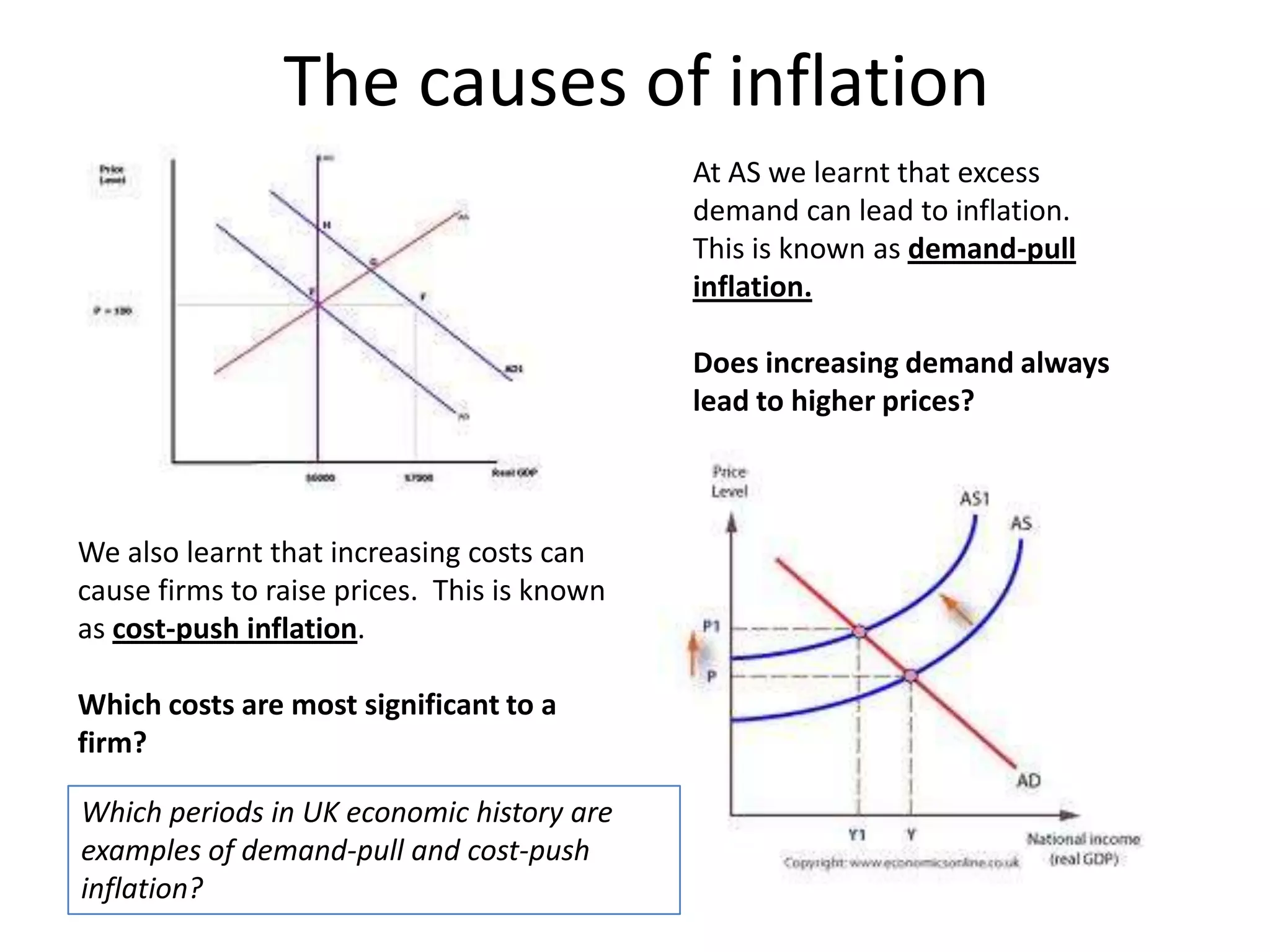 The causes of inflation
                                             At AS we learnt that excess
                                             demand can lead to inflation.
                                             This is known as demand-pull
                                             inflation.

                                             Does increasing demand always
                                             lead to higher prices?



We also learnt that increasing costs can
cause firms to raise prices. This is known
as cost-push inflation.

Which costs are most significant to a
firm?

Which periods in UK economic history are
examples of demand-pull and cost-push
inflation?
 